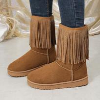 New large size round head fringed medium tube snow boots women's thick-soled sleeve warm and piled thickened cotton shoes 40 brown