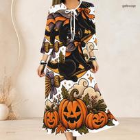 Women Plus Size Two Piece Dress Set Three Quarter Sleeve Cropped Cardigan Sleeveless Long Dress Halloween Raccoon Pumpkin Printed 8XL black