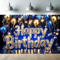 Happy Birthday  Vinyl Photography Backdrop, Royal Blue & Gold with Glitter, Balloons, Cake and Crown 59x51.1inch/150*130cm