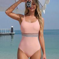 Women S Conservative One Piece Swimsuit Solid Color Sleeveless L rožinė