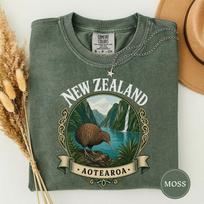 New Zealand Aotearoa Tee, Kiwi Bird Fjord Travel Shirt, New Zealand Travel Tee, World Landmark Tee, Nz Vacation Gift, Vintage Poster 130 gray