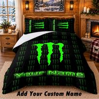 Monster Energy Pattern Bedding 3Pcs Set Custom Name, Bed Sheet And Pillowcases For Home Bedroom 135cmx200cm