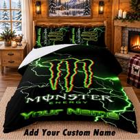 Monster Energy Pattern Bedding 3Pcs Set Custom Name, Bed Sheet And Pillowcases For Home Bedroom 135cmx200cm