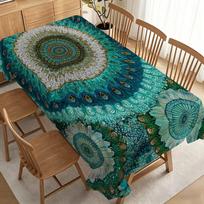 Bohemian Mandala Tablecloth with Turquoise Feathers & Golden Accents - Round Rooster Suitable for Dinner Parties, Coffee Table Cover, Durable Decor fo 60*90inch(152cm*228cm）