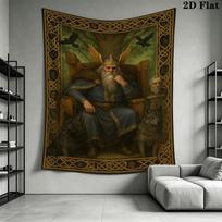 Odin Norse God Tapestry, Viking Odin with Gungnir Spear Wolves Ravens Wall Hanging, Aurora Borealis Rune Wall Tapestry Room Decor 130cm x 150cm