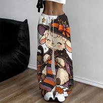 Women Plus Size Loose Straight Leg Full Length Halloween Moon Rose Pumpkin Printed Pants 7XL