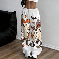 Women Plus Size Loose Straight Leg Full Length Halloween Moon Rose Pumpkin Printed Pants 8XL white