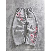 American Street Style Cherry Blossom Print Wide Leg Sweatpants Drawstring Elastic Waist Loose Straight Unisex Casual Trousers XL pilka