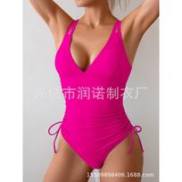 Women's Light Blue Double Strap One Piece Swimsuit V Neck Ruched Drawstring High Cut Bathing Suit XL rožinės rožinės spalvos