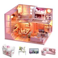 CUTEROOM Pasidaryk pats medinis lėlių namelis su LED lemputėmis ir muzikos dėžute, apsauginis dangtelis nuo dulkių, baldų ir miniatiūrinių aksesuarų rinkinys, rankų darbo miniatiūrinis namelis, dovana brown