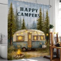 Nordic Cartoon Happy Campers Printing Shower Curtain Bathroom Decoration Curtain,Hanging Curtain With Hooks Machine Washable 90x180cm-35x70in gray