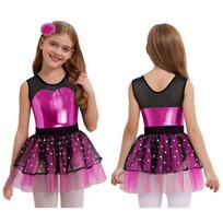 Girls Dance Stage Performance Costume Sleeveless Sheer Mesh Patchwork Metallic Bodice Tulle Tutu Dress Headwear 7-8 Years black