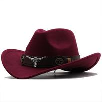 New Western Cowboy Hat Roll Brim Cowgirl Cap Cowboy Jazz Fedora Hats Felt Cap with Cow Band for Women Men Children Adults 56-58cm vyno raudonos spalvos