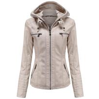 Moteriška dirbtinės odos striukė su nuimamu gobtuvu Motocross Racer Biker Double Zip Slim PU Motociklo trumpas Moto paltas Classic Bomber Viršutiniai drabužiai S-4XL 2XL smėlis