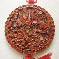 Peach Wood Peony Phoenix Feng Shui Pendant: Soaring Phoenix with Peony Vermilion Bird Ornament for Auspiciousness brown