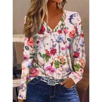 Elegant Vacation V-Neck Long-Sleeve T-Shirt with a Vibrant Floral Print, a Stylish and Casual Long-Sleeve Shirt 8XL brown