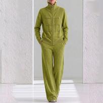 Women's Casual Knit Two Piece Set with Mandarin Collar and Knot Buttons for Daily Wear XL žalia