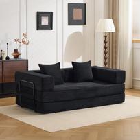 Suspaudžiama sofa, transformuojama į grindų sofą-lovą - su pagalvės atlošu, porankiais, Futono sofos miegamoji lova, Velveto audinys, Svetainės Miegamojo ,Juoda 185 x 92.5 x 60 cm juoda