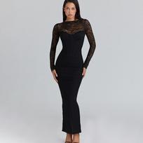 European and American sexy splicing lace Spice Girl hip dress perspective mesh split dress long dress S juoda