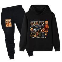 Italian Brainrot Animals Tung  Tung Sahur Fun Print Children's Suit Boys Girls Fall & Winter Casual Fashion Top + Pants Set 110 black