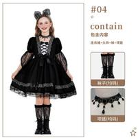 Halloween Witch Costume Girls Lace Dress With Headpiece Necklace Socks Cane Kids Performance Outfit 120cm black