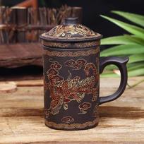 Handmade Dragon Beauty Purple Clay Tea Mug with Lid and Infuser, Ceramic Water Mug, Handmade Drinkware, Office Teacup brown