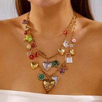 Dopamine Heart Star Flower Multi Layer Pendant Necklace for Women Exaggerated Sun Shell Clavicle Chain Party Jewelry Gift brown