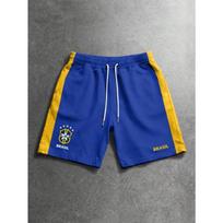 Vyriškos Brasil JR futbolo šortai Mėlyni su geltonu apvadu, Brazilijos herbas, kvėpuojantys gatvės stiliaus sportiniai šortai futbolo gerbėjams 2026 L blue