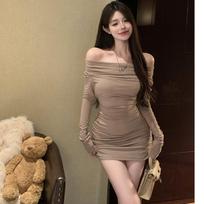 American Spice Girl Style Sexy Shoulder Long Sleeve Dress Women's Autumn and Winter Design Sense Skinny Slim Hip Wrap Skirt XL chaki