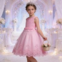 Girls Princess Dress Embroidered Beaded Formal Gown For Wedding Party 140cm rožinė