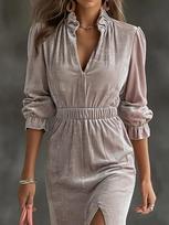 Gentle wind fungus edge stand-up collar velvet dress, elastic waist split fork medium and long temperament commuter dress Multi-color sample gray