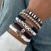 IngeSight.Z 6 Pcs Trendy Black White Soft Ceramic Acrylic Bead Bracelet Women Creative Letter Bangles Charm Jewelry Accessories black