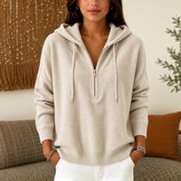 Women's Color Zip-Up Hooded Knit Sweater M smėlis