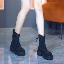 Mid-tube Boots Autumn New Round Toe Sequin Platform Anti-slip Wear-resistant Block Heel Shoes 35 white