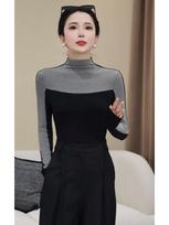 Fashion semi-turtleneck contrasting color splicing versatile design sense long-sleeved T-shirt women's autumn and winter slim and thin bottoming shirt L black