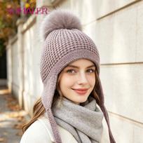 SOMALER Women‘s Winter Knitted Wool Hat with Pompom Hip Hop Style Casual Beanie One Size violetinė
