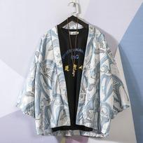 Mados tradicinis japoniškas megztinis kimono vyriškas moteriškas apsauginis spaudinys nuo saulės, plonas laisvas kimono paltas XL balta/mėlyna