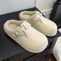 Autumn Winter Fur Clog Slippers Women 2026 Lightweight Non Slip Indoor Cotton Slippers Woman Buckle Decor Soft Sole Birken Shoes 40-41 smėlis