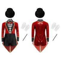 Unisex Kids Boys Girls Halloween Magician Cosplay Costume Set Long Sleeve Sequin Zipper Tailcoat Style Bodysuit with Bow Tie Hat Gloves Magic Wand 5-6 Years raudona