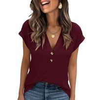 Women Short Sleeve Pullover V Neck T Shirt Casual Loose Fit Blouse with Button for Daily Wear Office Home M black