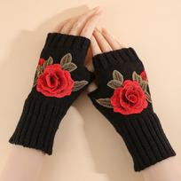 Half Finger Embroidery Knitted Gloves Floral Crochet Flower Mittens Winter Wool Gloves  Outdoor Style 1 red