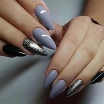24Pcs Round Almond Press On Nails Colorful Gradient French Gold Line Acrylic Fake Nail Art gray