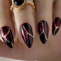 24Pcs Round Almond Press On Nails Colorful Gradient French Gold Line Acrylic Fake Nail Art