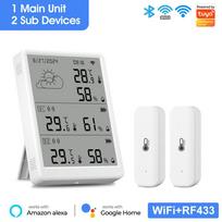 Tuya WiFi Weather Station Digital Thermometer Room Hygrometer RF433 Indoor Outdoor Humidity Temperature Sensors Table Wall Clock With 2 Sensors gray