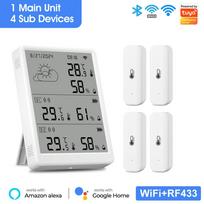 Tuya WiFi Weather Station Digital Thermometer Room Hygrometer RF433 Indoor Outdoor Humidity Temperature Sensors Table Wall Clock With 4 Sensors gray