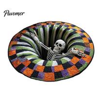 Non-slip Entrance Door Mats 3D Halloween Round Rug, Ghost Skeleton Optical Illusion Area Mat, Unique Visual Quilted Spooky Depth Rug for Living 60x60cm A black