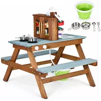 Wooden mud kitchen for children with picnic table benches water pump and sink ECOTOYS