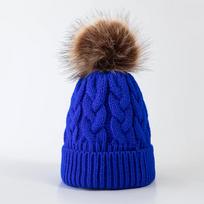 Large Pom-Pom Thick Woolen Beanie for Women and Children - Trendy Cable Knit Design for Autumn and Winter Children's Size 3-8 Years blue