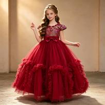 Girls European Style Beaded Sequined Tulle Ball Gown 130cm raudona