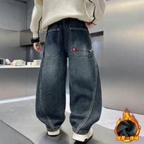 Boys Winter Fleece Jeans Loose Fit Casual Style 170cm black